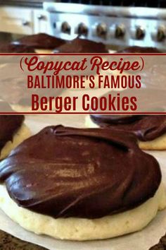 some cookies with chocolate frosting on top of each one and the words copycat recipe baltimore's famous burgers