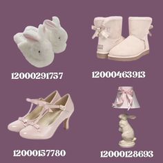 four different types of shoes with bows on the heel and bottom, all in white