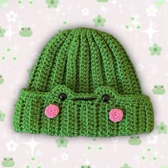 * handmade with acrylic yarn 🧶  * this adorable frog beanie features an adjustable brim and a cute frog face 🐸💗 * adult sized - one size fits most - has plenty of stretch * PLEASE NOTE: This item is made to order - please allow 1-2 weeks (7-14 business days) to ship 📦 pattern by https://thecaffeinatedsnail.com/crochet-frog-hat-pattern/ handmade by Rori Crochet Frog Beanie Crochet Pattern, Frog Beanie Crochet, Frog On A Log, Frog Beanie, Frog Face, Crochet Green, Frog Hat, Beanie Crochet Pattern, Cat Eared Beanie