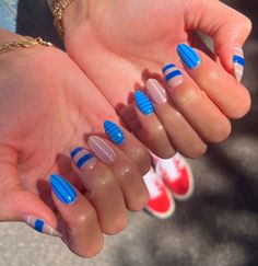 Two Color Nail Design Simple, Navy Nails Inspiration, Denim And Diamond Nails, Navy Blue And Green Nails, Nubby Nails, Cute Funky Nails Simple, 2024 Trending Nails, Fun Summer Nails Design 2024, Navy And Orange Nails