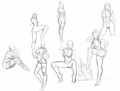 a bunch of sketches of different poses for the woman in front of her body and back