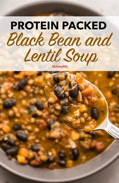 a spoon full of black bean and lentil soup with text overlay that reads, protein packed black bean and lentil soup