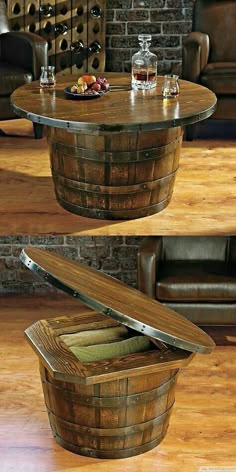 the barrel table is made out of wood and has a wine glass in it,