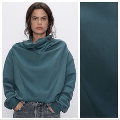 Nwt. Zara Draped Oversized Sweatshirt. Size M. Relaxed Fit Sweatshirt With Float Ruched Neckline And Long Sleeves. Ref. 4770/001. Pit To Pit 20" Flat, Shoulders 18.5", Sleeves 22", Length 26". Oversized Blue Turtleneck Top, Blue Oversized Turtleneck Top, Blue Funnel Neck Sweatshirt For Fall, Blue Relaxed Fit Drop Shoulder Top, Casual Blue Tops With Batwing Sleeves, Blue Drop Shoulder Sweatshirt For Fall, Zara Oversized Cotton Sweatshirt, Zara Relaxed Fit Long Sleeve Sweatshirt, Oversized Green Zara Top