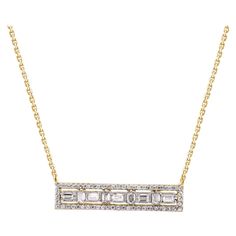 Chic and shimmering, necklace created in 14K yellow gold, this horizontal bar pendant features 74 channel-set baguette-cut diamonds bordered in round diamonds. Diamonds are graded as H-I color and I-2 clarity. Necklace suspends along an cable chain that secures with a spring-ring clasp. Diamond Circle Necklace, Baguette Necklace, Round Diamond Setting, Gold Bar Necklace, Heart Pendant Gold, Circle Diamond, Heart Pendant Diamond, Baguette Cut Diamond, Yellow Gold Engagement Rings