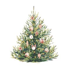 a watercolor painting of a christmas tree with ornaments on it's branches and lights