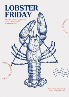 the lobster is depicted in this blue and white illustration, with words describing it as lobster friday