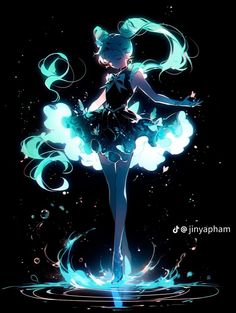 an anime character is standing in the water with her arms spread out and glowing blue