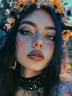 Fairy makeup ideas for Halloween costume inspiration Celestial Fairy Makeup, Halloween Gem Makeup, Fairy Make Up Halloween, Blue Fairy Makeup Halloween, Rave Hair And Makeup, Blue Elf Makeup, Night Fairy Makeup, Sparkly Fairy Makeup, Fairy Queen Makeup