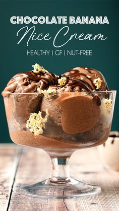 chocolate banana ice cream in a glass dish on a wooden table with text overlay