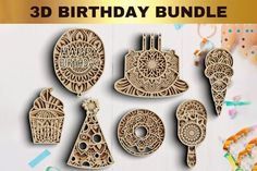 3d birthday bundle with cake, cupcakes and other items to make it look like they are made out of wood