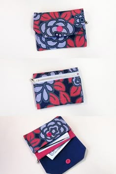 three small purses are lined up on a white surface, one has a flower design and the other has a zippered closure