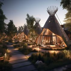 an artist's rendering of a native - style home in the woods at night