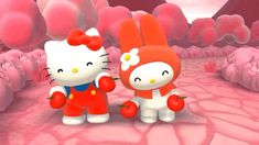 two hello kitty dolls standing next to each other in front of pink and red trees