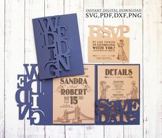 wedding stationery and save the date cards are displayed on a white wooden background with text