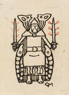 a drawing of a man holding two swords in one hand and an animal on the other