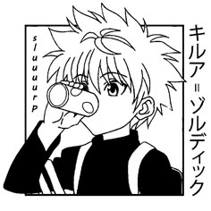 an anime character with short hair in black and white, holding his nose to the side