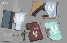 some kind of electronic device with skull designs on the front and back sides, all in different colors