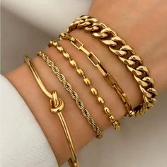 Material: Gold Plated Stainless Steel Length: 7.5"-8.9" 5pc Set Tarnish Free Hypoallergenic Top Rated Seller Quick Shipper Open To Offers 4000+ Listings Sold Friend Things, Summer Jewellery, Preppy Jewelry, Etsy Promotion, Dainty Bracelets, Gorgeous Bracelet, Girly Jewelry