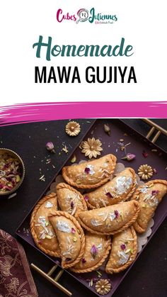 homemade mawa gujua recipe on a purple plate with pink and white flowers