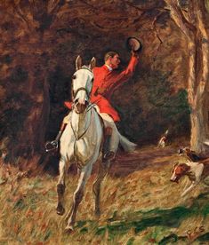 a painting of a man riding on the back of a white horse next to a dog