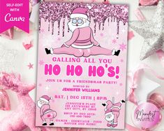 a pink party card with santa clause on it