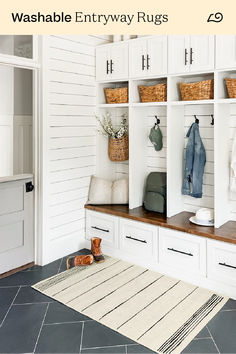 the entryway rug is clean and ready for guests to use it as a storage area