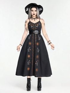 Free Returns ✓ Free Shipping✓. ROMWE Goth Dark Vintage Gothic Star & Moon Embroidered Women Cami A-Line Dress For Summer- Women Apparel at SHEIN. Witchy Dress For Halloween, Sleeveless Halloween Costume Dress, Sleeveless Halloween Costume Party Dress, Sleeveless Costume Dress For Halloween, Black Bohemian Dress For Halloween, Bohemian Halloween Cosplay Dress, Bohemian Halloween Costume Dress, Bohemian Halloween Festival Dresses, Witchy Sleeveless Summer Dress