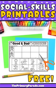 the printable worksheet for social skills is shown with scissors and pencils