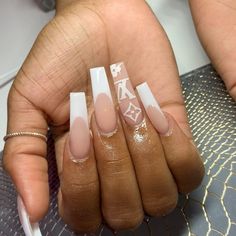 Acrylic Nails Designer Brands, Nails Acrylic Louis Vuitton, Lv French Tip Nails, Louis V Nails, Louis Vuitton Nails Coffin, Designer Acrylic Nails Lv, White Louis Vuitton Nails, White Lv Nails, Lv Acrylic Nails