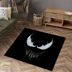 a living room area rug with an animal's head on the floor and black background