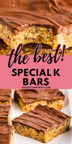 chocolate and peanut butter bars with text overlay that says the best, special bar