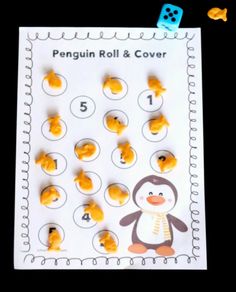 the penguin roll and cover game is shown with numbers on it, including one penguin