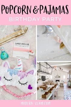 a pink and white birthday party with unicorn decorations