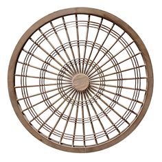 a round wooden table with metal rods on it's sides and a white background