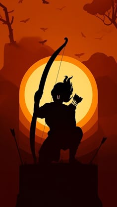 the silhouette of a person holding a bow and arrow in front of an orange sunset