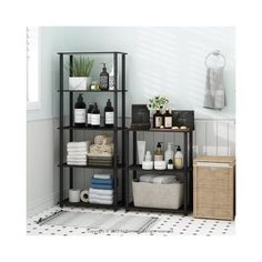 a bathroom shelving unit filled with lots of items