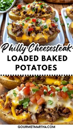 four different types of loaded baked potatoes with cheese and toppings on them, including meat