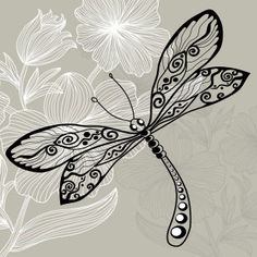 a black and white drawing of a dragonfly on a gray background surrounded by flowers