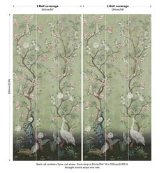 four panel screen with birds and flowers on green background, one in the foreground