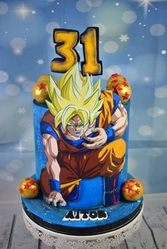 the birthday cake is decorated with an image of gohan and his number thirteen on it