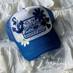 This hat is adorable and sure to make you stand out in a crowd and is perfect for any event! All patches are attached via commercial heat press! Check out my other listings for other options, if you don't see what you are looking for just message me! I love doing custom orders as well to make your dreams a reality! This listing is for the hat only! The hat is a one-size-fits-all snapback style trucker hat that can be adjusted! Please remember that each of my hats is made-to-order, so the size of Hat With Patches, Hat Bar, Band Ideas, Lake Girl, Custom Trucker Hats, Summer Hat, Hat For Women, Hat Band, Summer Hats