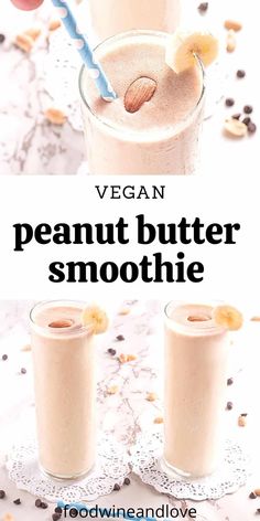 two glasses filled with peanut butter smoothie on top of a doily and the text vegan peanut butter smoothie