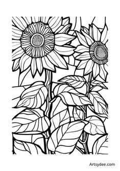 a black and white drawing of sunflowers