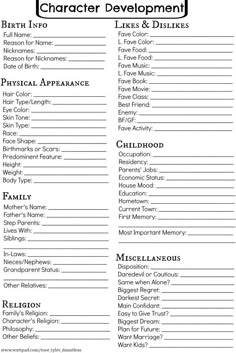 the character development checklist is shown in black and white