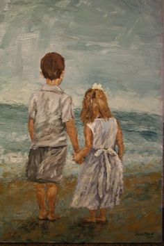 an image of two children walking on the beach with their hands in each other's pockets