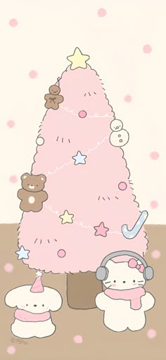 a pink christmas tree with teddy bears around it