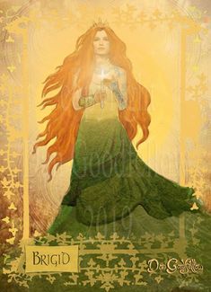 a painting of a woman with long red hair wearing a green dress and holding a star