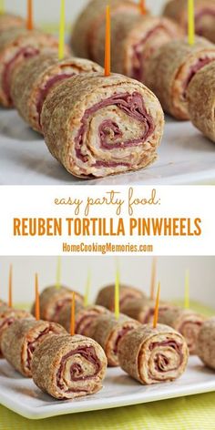 some food that is on a plate with toothpicks in it and the words easy party food reuben tortilla pinwheels