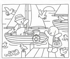 a black and white drawing of two children on a boat with ducks in the water